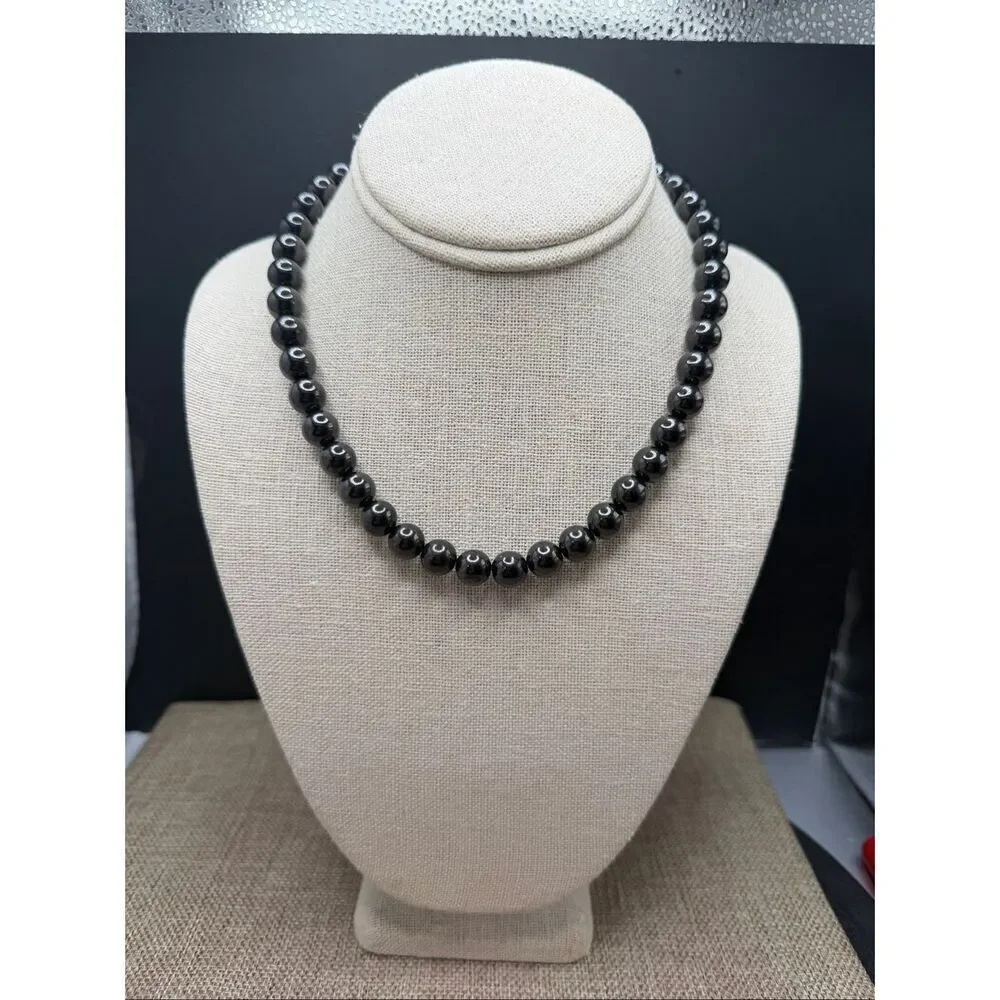 Classic Black Glass Bead Necklace with Sterling Silver Clasp